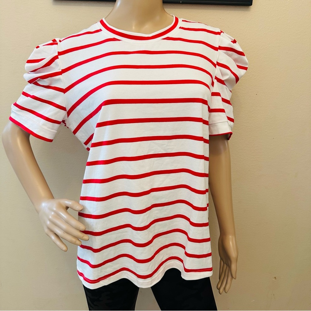 Chic Red Striped Puff Sleeve Tee